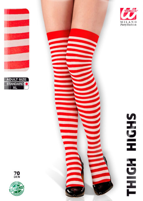 bas rayés rouges et blancs, bas halloween, accessoires halloween, bas rayures rouges, bas rayés rouges et blancs, bas rayures déguisement, bas déguisements, collants déguisements, accessoires de déguisement, bas rayures rouges et blanches, chaussettes hautes rayures rouges et blanches, Chaussettes Hautes à Rayures, Rouges et Blanches