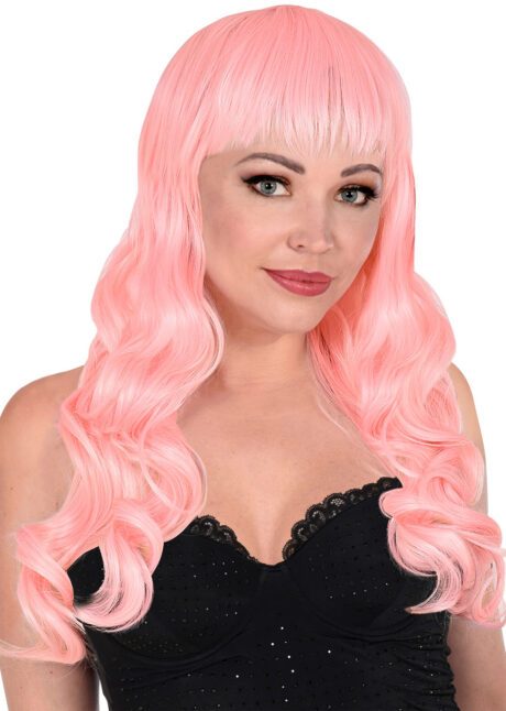 perruque rose longue frange, perruque rose femme, perruque lavable, Perruque Bella, Rose Tendre