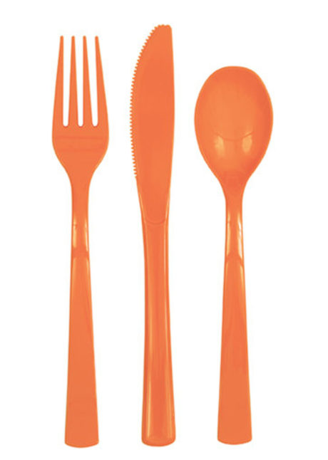 couverts plastiques oranges, fourchettes, couteaux, cuillères, vaisselle jetable, Vaisselle Orange, Couverts x 18