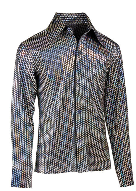 chemise disco argent paillettes, chemise disco brillante, chemise argent disco, Chemise Disco à Paillettes Hologrammes Argent