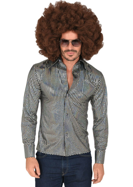 chemise disco argent paillettes, chemise disco brillante, chemise argent disco, Chemise Disco à Paillettes Hologrammes Argent