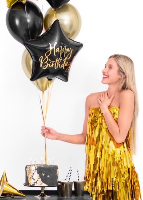 ballon anniversaire, ballons étoiles anniversaire, ballon happy birthday, Ballon Anniversaire, Etoile Noire et Or, en Aluminium