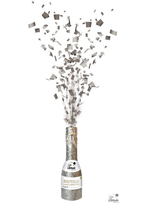 cotillons bouteille champagne, confettis bouteille champagne, canon à confettis champagne, canon à confettis cotillons réveillons, serpentins réveillon, bouteille champagne cotillons, Bouteille de Champagne, Mini Canon Confettis Argent