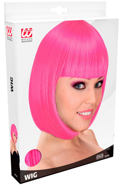 perruque rose courte frange, perruque rose femme, perruque carré, perruque lavable, Perruque Loulou, Carré Rose Vif