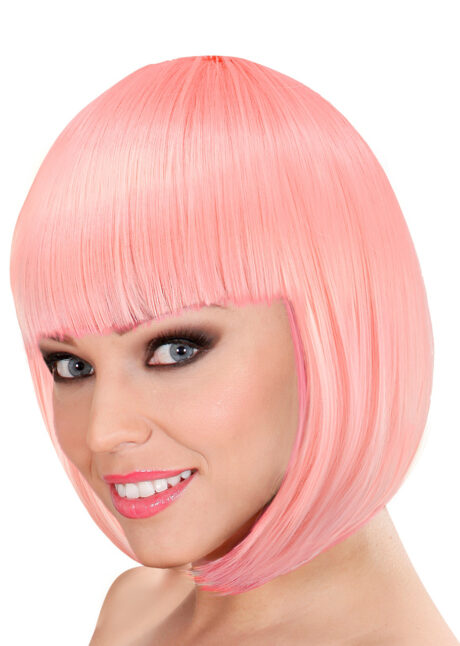 perruque rose courte frange, perruque rose femme, perruque carré, perruque lavable, Perruque Loulou, Carré Rose