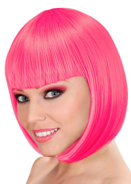 perruque rose courte frange, perruque rose femme, perruque carré, perruque lavable, Perruque Loulou, Carré Rose Vif
