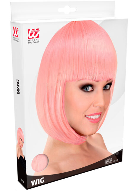 perruque rose courte frange, perruque rose femme, perruque carré, perruque lavable, Perruque Loulou, Carré Rose