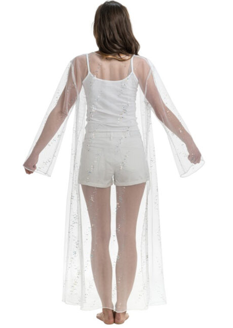 gilet long en voile blanc, veste en tulle, gilet festival, Gilet Long Transparent en Tulle Blanc et Strass